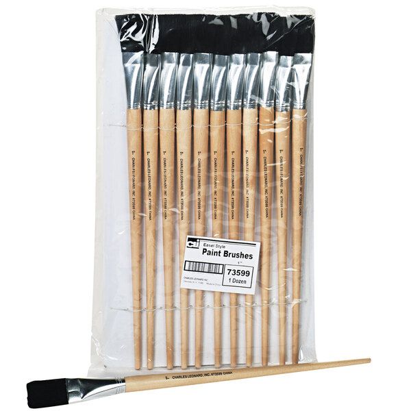 A pack of 12 Charles Leonard natural wood long handle easel brushes in plastic packaging.