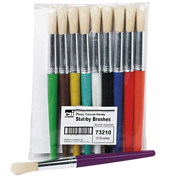 A set of 10 Charles Leonard natural bristle paint brushes in a plastic bag.