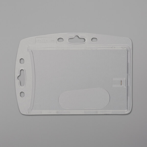 A clear plastic Durable clip badge holder holding a white and black card.
