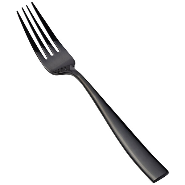 A close-up of a Bon Chef Manhattan black stainless steel dinner fork with a white background.