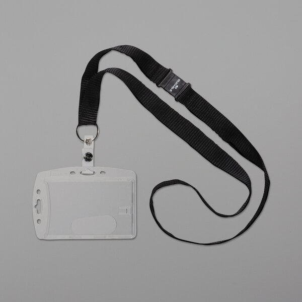 A Durable clear acrylic clip badge holder with a lanyard attached to a white ID card.