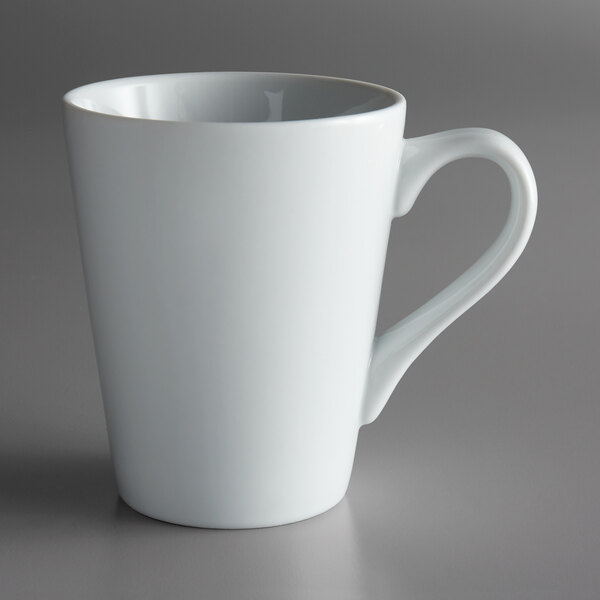 A Oneida Fusion bright white porcelain mug with a handle.
