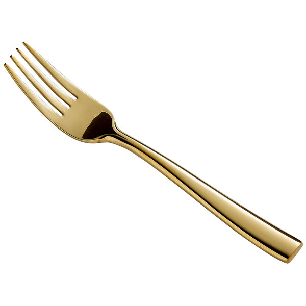 A close-up of a Bon Chef gold stainless steel salad fork with a gold handle.