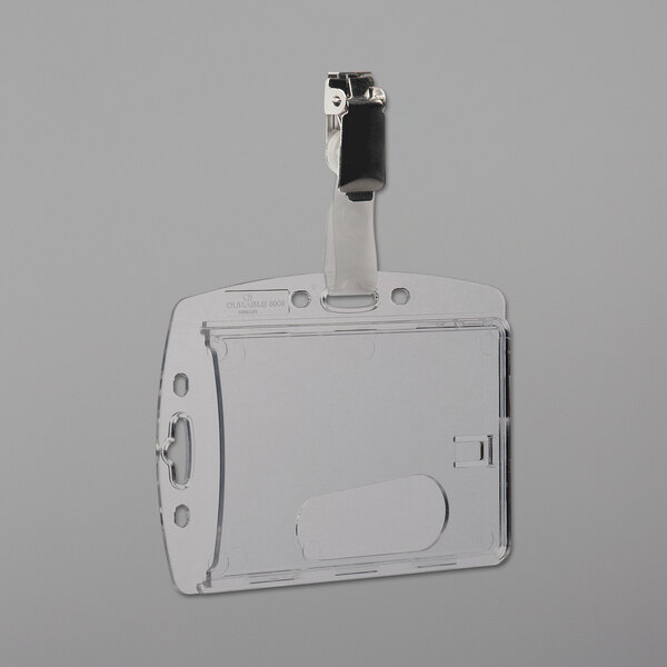 A Durable clear acrylic badge holder with rotating strap clip.