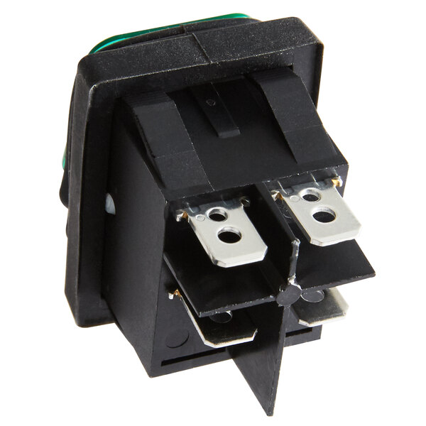 a black electrical device with a green strap