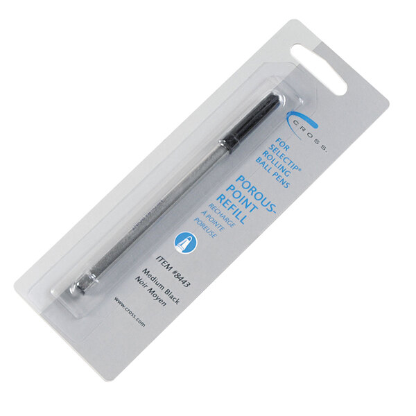 A package of Cross black medium point porous point pen refills with a blue Cross pen in the background.