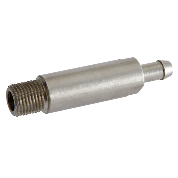 A stainless steel threaded spout connector for an Avantco countertop steamer.