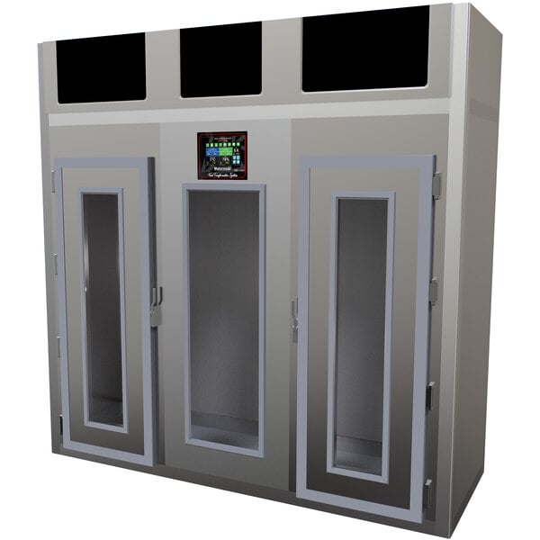 A grey metal Maturmeat meat aging cabinet with glass doors.