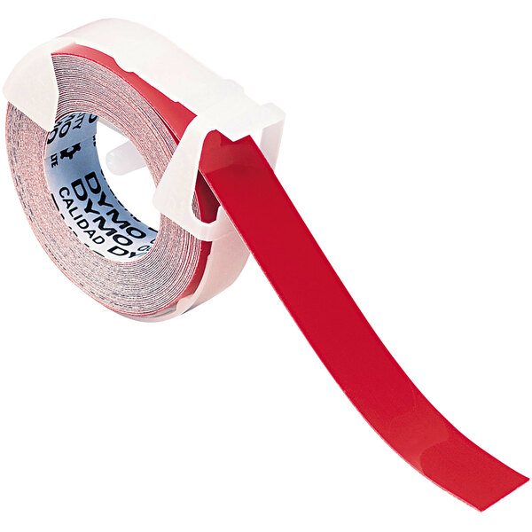A roll of red DYMO label tape with a white strip on it.