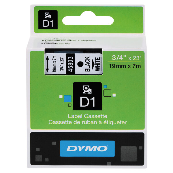 A box of DYMO D1 label tape with a label showing black text on a white background.