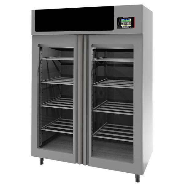 A Stagionello stainless steel meat curing cabinet with a glass door and shelves on both sides.