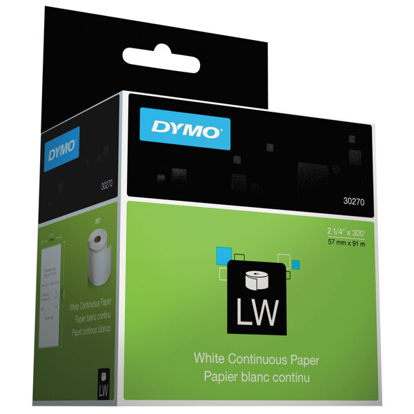 A box of white DYMO continuous-roll receipt paper with a label on it.
