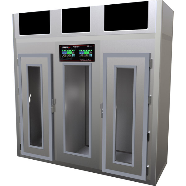 A stainless steel Stagionello meat curing cabinet with two glass doors.