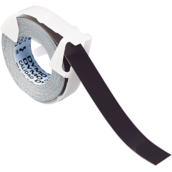 A roll of black tape with a white label that reads "DYMO 520109 3/8" x 9 13/16' Black Glossy Embosser Label Tape"