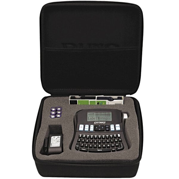 A black DYMO LabelManager 210D electronic label maker in a case.