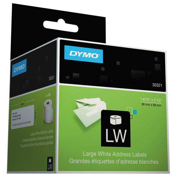 A close-up of a box of DYMO White Address Labels.