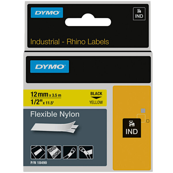 DYMO 18490 Rhino 1/2" x 11 1/2' Black on Yellow Flexible Nylon