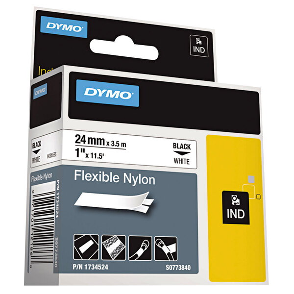 A close up of a black box of DYMO Black on White Flexible Nylon Industrial Label Tape.