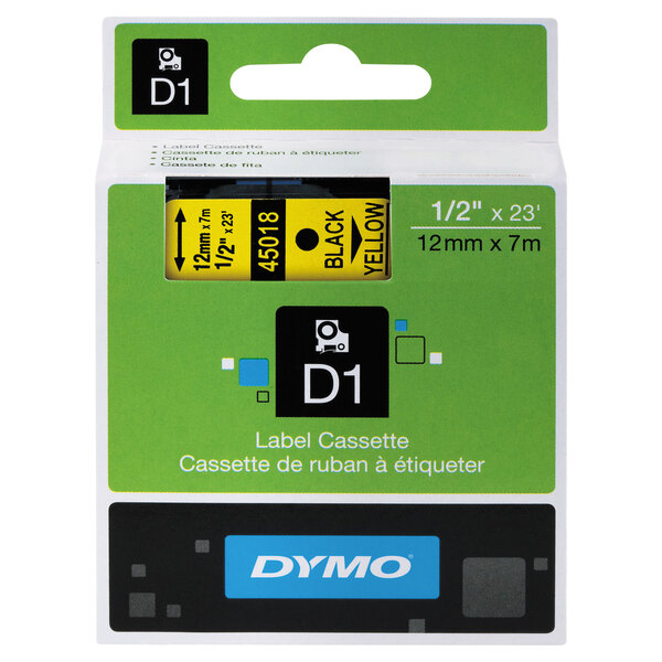 A package of DYMO D1 label tape with black text on a yellow background.