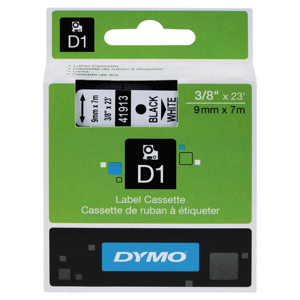 A package of DYMO D1 black on white label tape with a white label featuring black text.