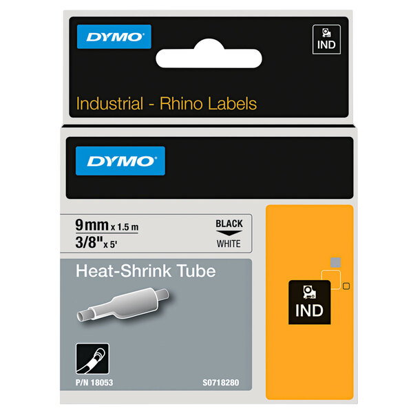 A packaging label for DYMO black on white heat shrink tube with yellow and black text.
