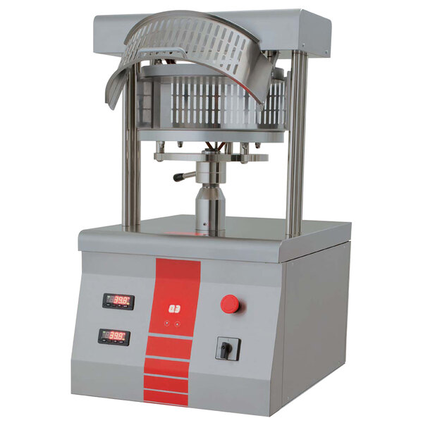 An Omcan heavy duty pizza dough shaping machine with a red rectangular screen with white text.
