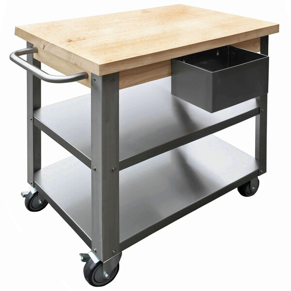 Maple Wood Top Work Table with Stainless Steel Base and Undershelves - 32" x 20" x 35"