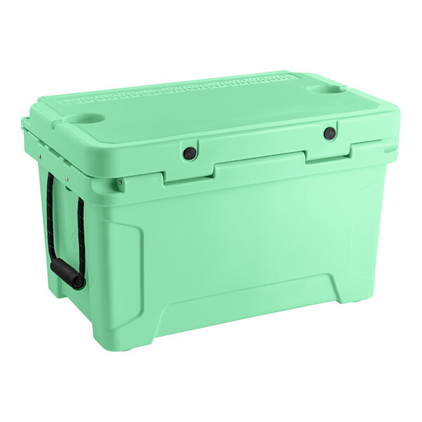 A seafoam green CaterGator outdoor cooler with black handles.