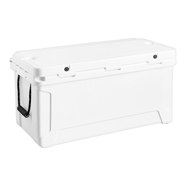 A white CaterGator outdoor cooler with a black lid.