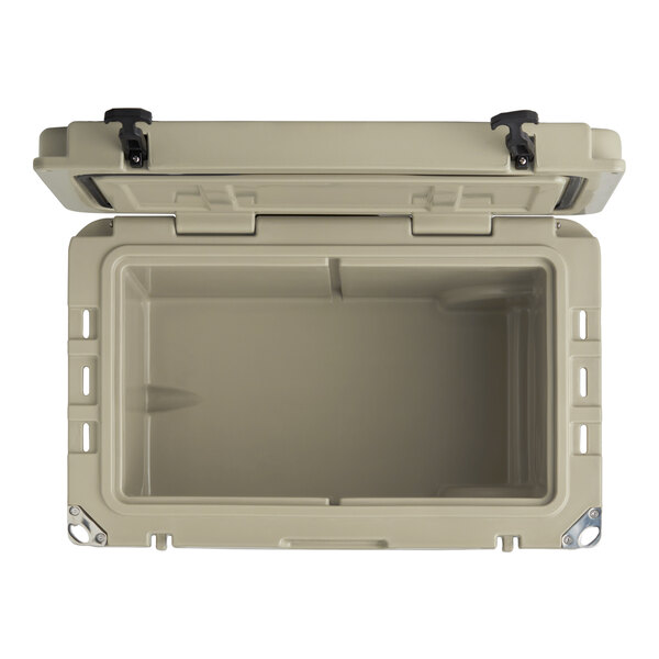 A tan CaterGator outdoor cooler with the lid open.