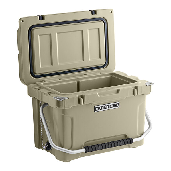 A tan CaterGator outdoor cooler with a handle.