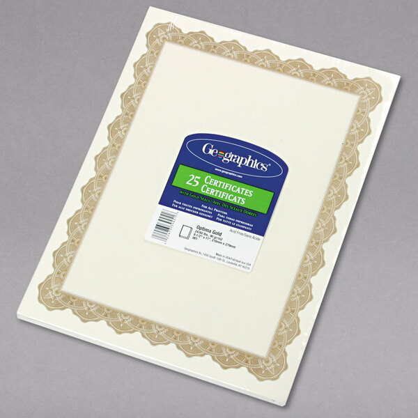 Geographics white certificate paper with gold Optima border.