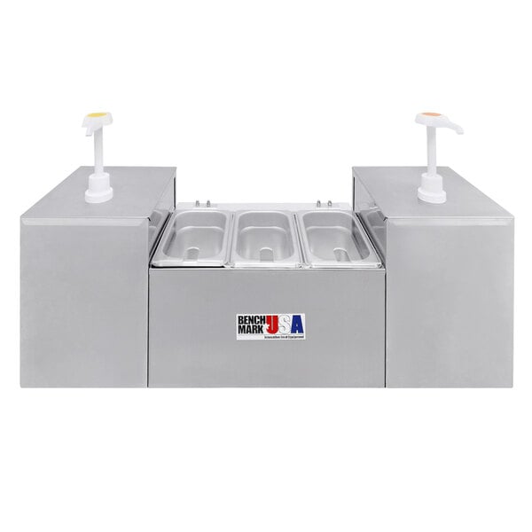 Benchmark USA 52001 30" Stainless Steel Condiment Station / Dispenser with Two 3 Qt. Pumps and Three 1/9 Size Pans