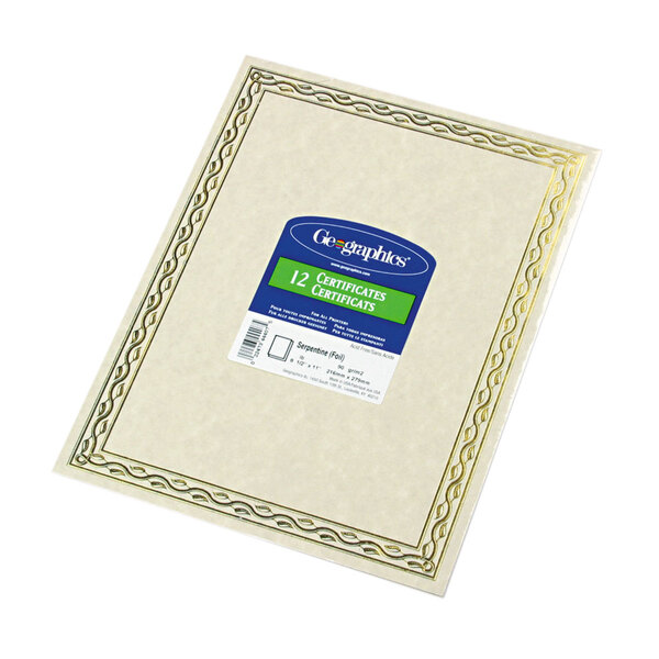 Geographics certificate paper with a gold serpentine border.