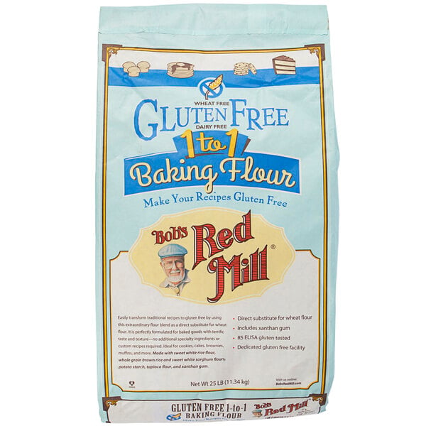 A close up of a Bob's Red Mill bag of gluten-free baking flour.