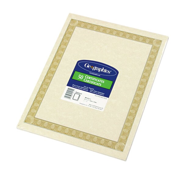 A white rectangular Geographics certificate paper with a gold border.