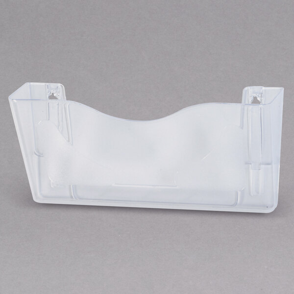 A clear plastic Deflecto wall hanging file pocket with a curved edge.