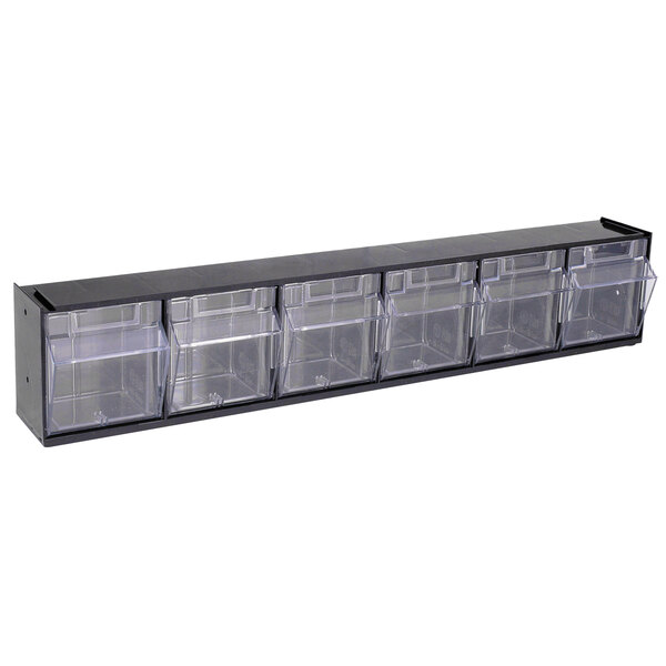 A black plastic Deflecto tilt-bin organizer with six interlocking drawers.