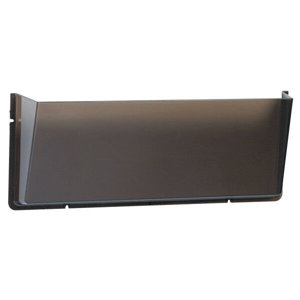 A black plastic Deflecto wall file holder on a white background.