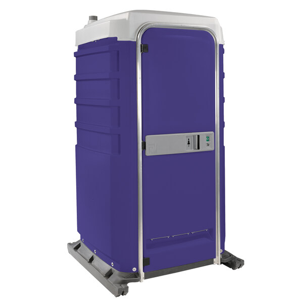 A blue and white PolyJohn portable toilet with a blue plastic container.