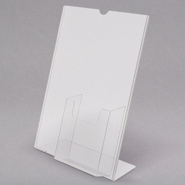 A clear plastic holder with a slanted sign and brochure pocket.