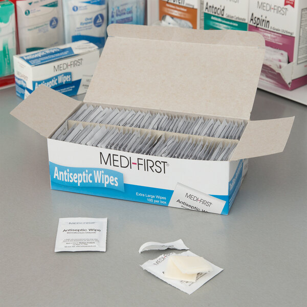 A close up of a Medi-First box of antiseptic wipes.