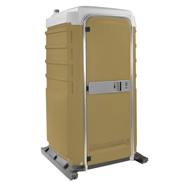 A tan PolyJohn portable toilet with a brown and white door.