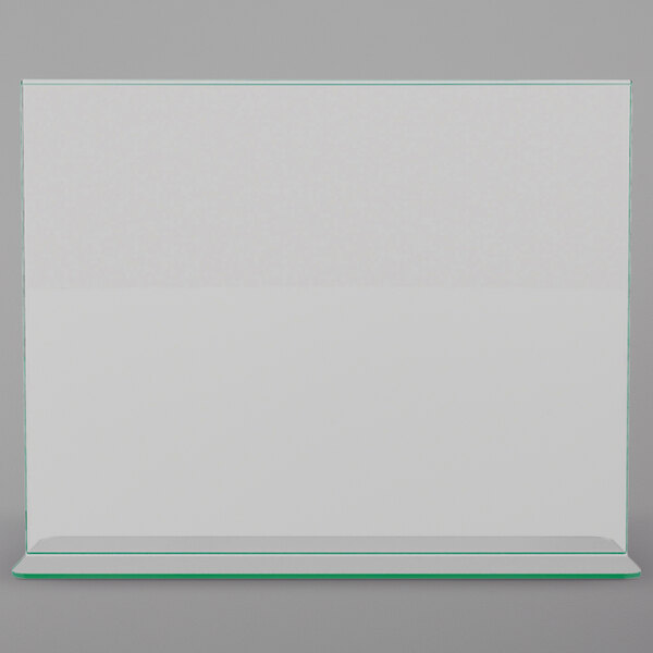 A white rectangular Deflecto displayette with a green border.