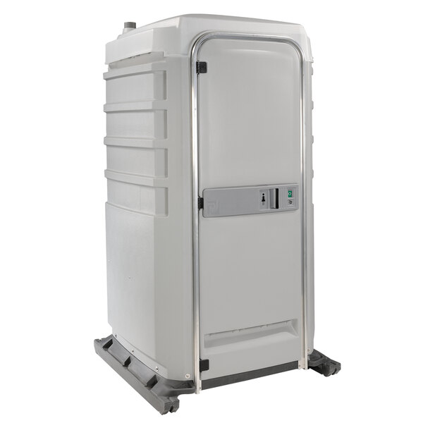 A PolyJohn portable restroom with a door.