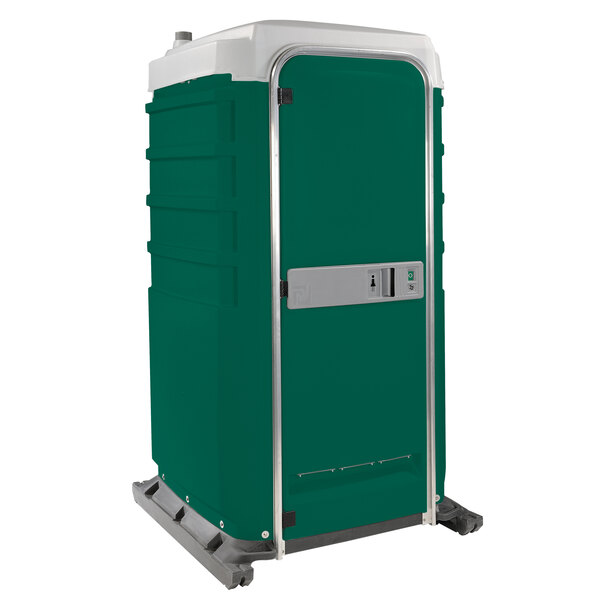 A green and white PolyJohn portable toilet.