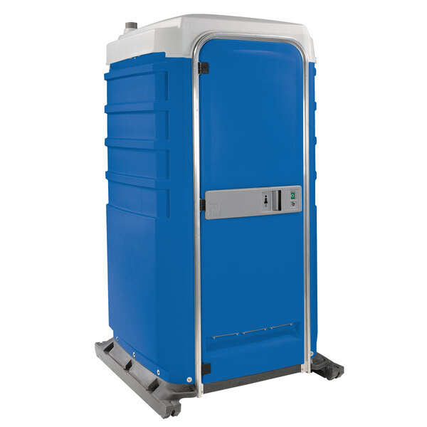 A blue and white PolyJohn portable toilet.