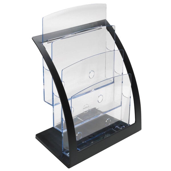 A black Deflecto literature holder with three clear plastic trays.