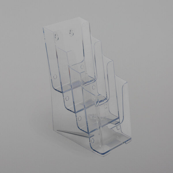 A clear plastic Deflecto literature holder with four compartments.