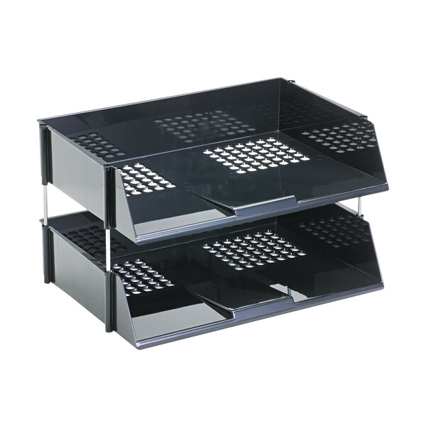 A black plastic Deflecto 2-Tray Stacking shelf with metal risers.